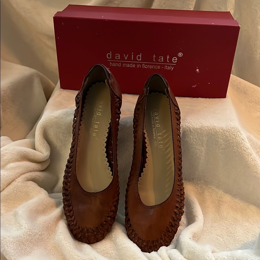 David Tate Brown Leather Woven Trim Flats